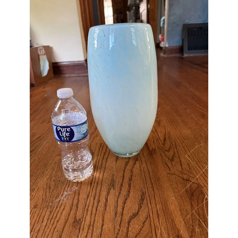Stunning Light Blue Speckled Large Hand Blown Glass Vase